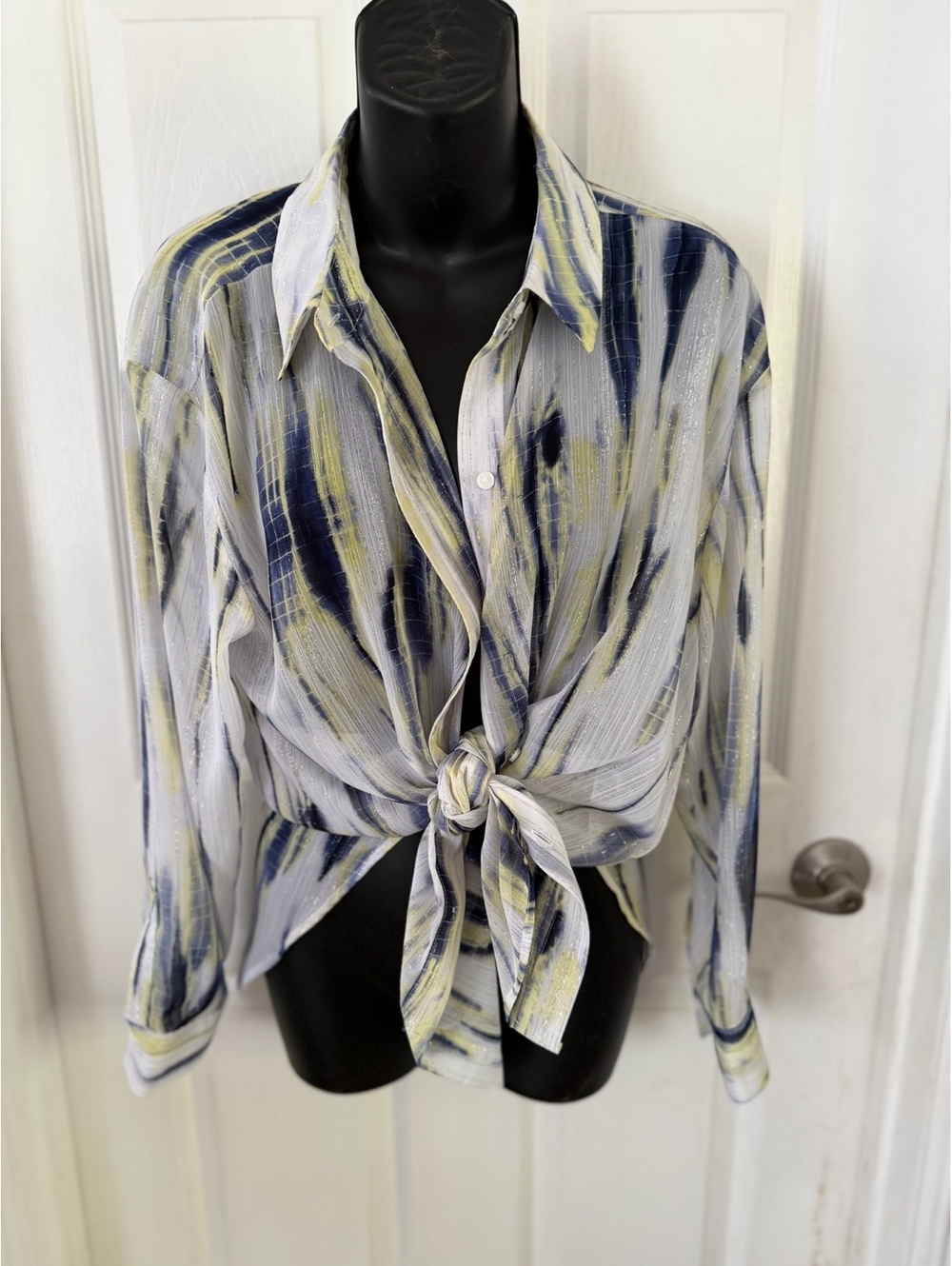 DKNY sheer long sleeve tie front blouse white blue yellow
